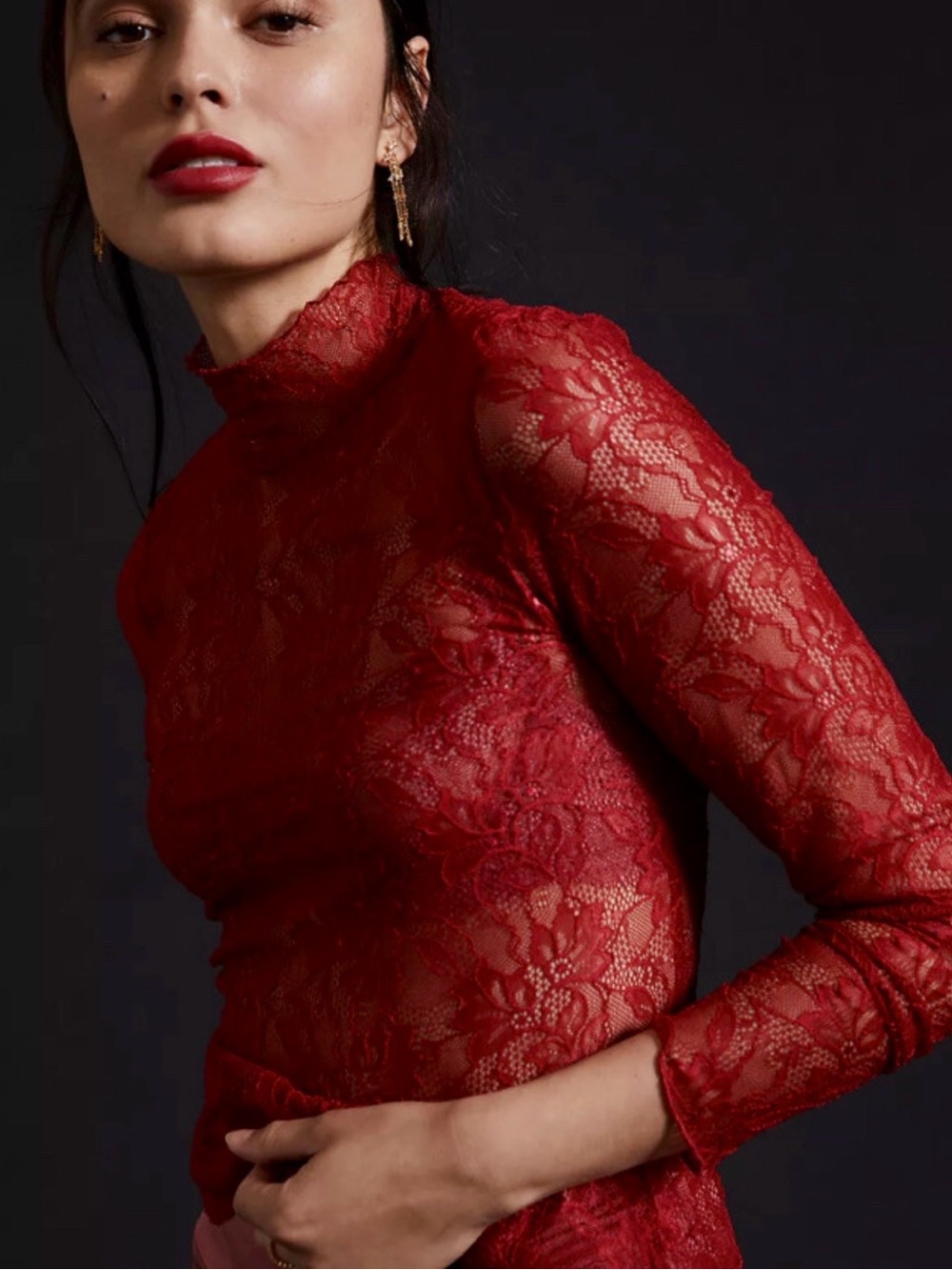 Anthropologie Red Lace Mock Neck Long Sleeve Top